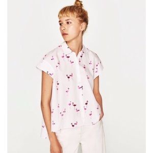 Zara Flamingo High-Low Button Up Collared Shirt